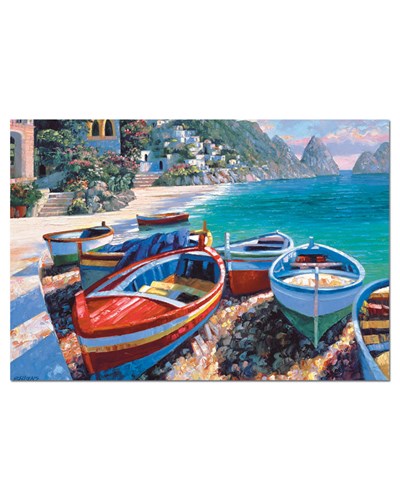 ציור שמן עיירה צבעונית וסירות על החוף